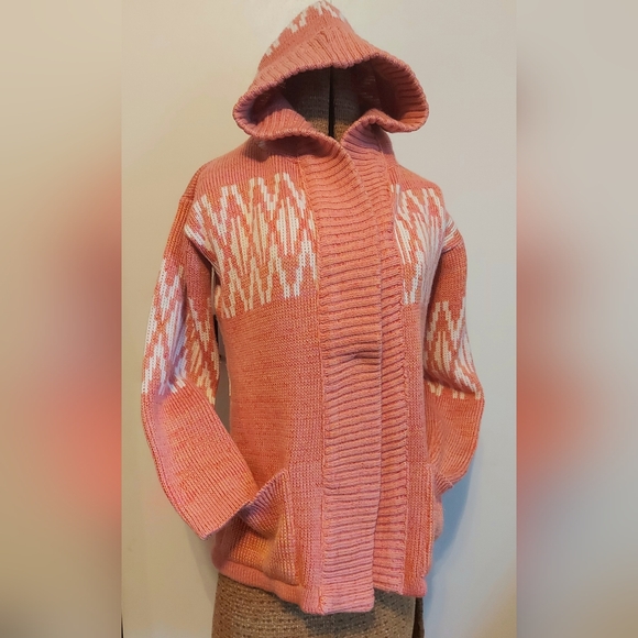 Vintage 70's Coral heavy knit cardigan Fair Isle print pointed hood thick warm - Picture 1 of 8